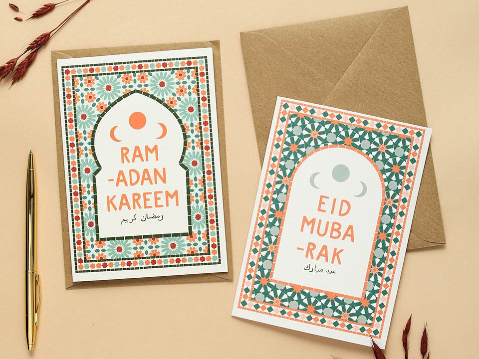 Two cards with the messages Ramadan Kareem and Eid Mubarak The text is in the centre of the card, surrounded by decorative geometric drawings.