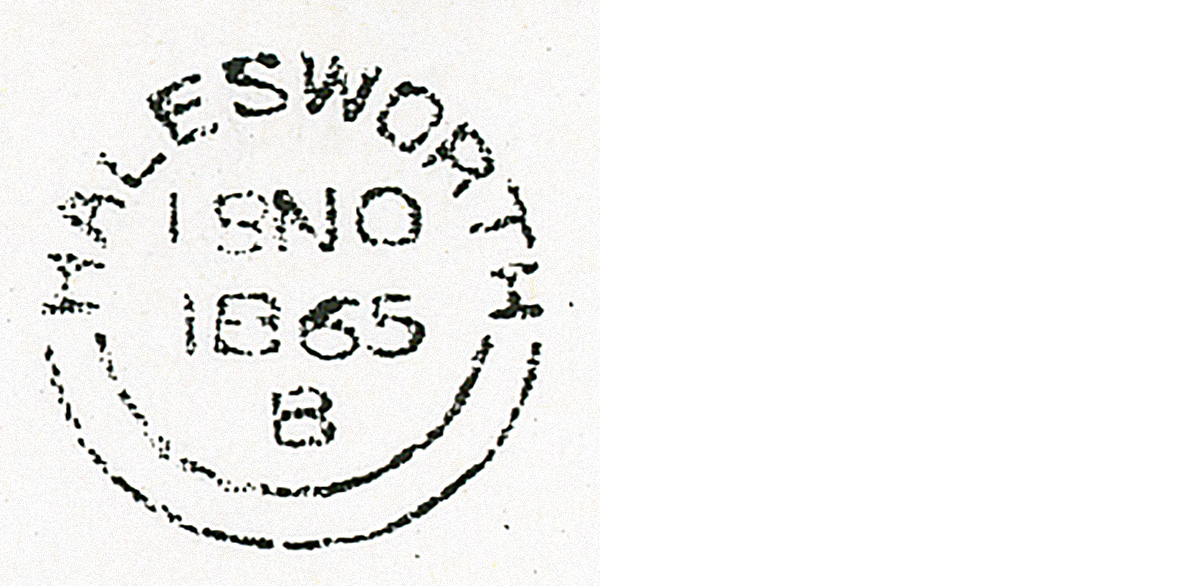 Handstamp with single twin arc date stamp. Half the circle has the place name and the other half contains the twin arcs. 