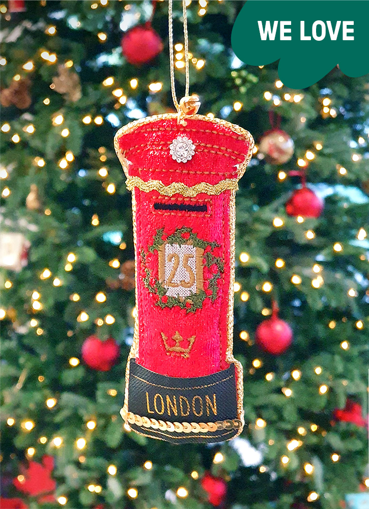 The bright red postbox Christmas Tree decoration has an embroyeded gold trim and a holly wreath in the middle