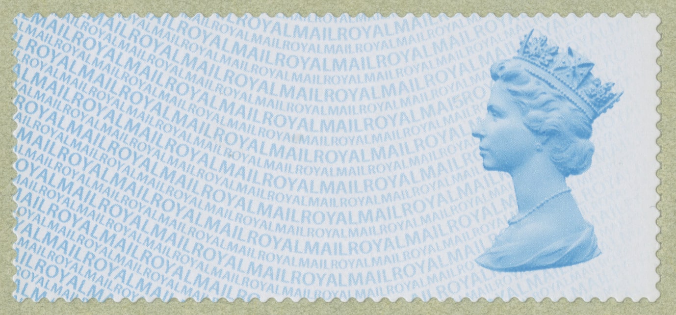 A blank stamp with a blue Queen Elizabeth II profile printed on the right-hand side.