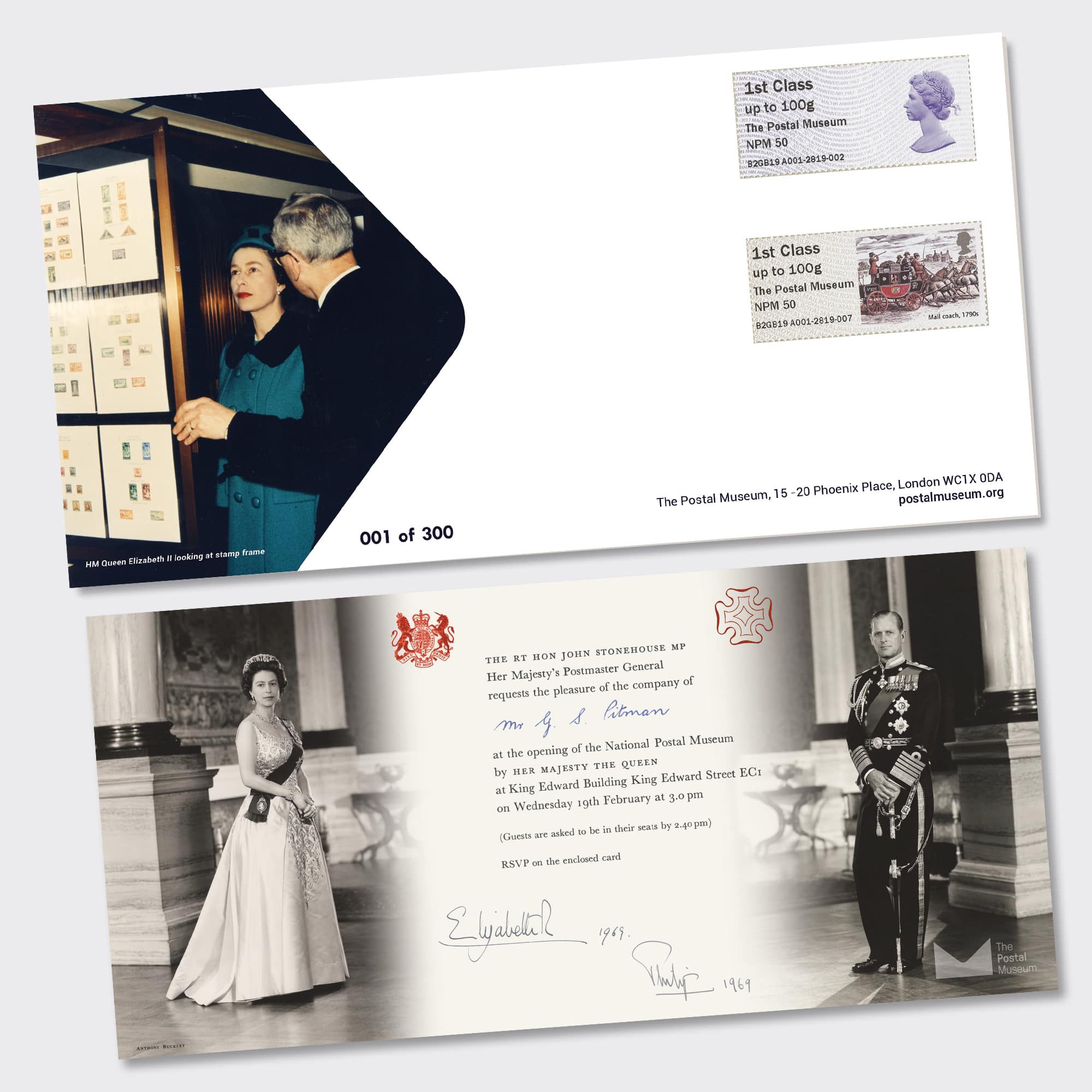An envelope with images of the monarchs and two first class stamps