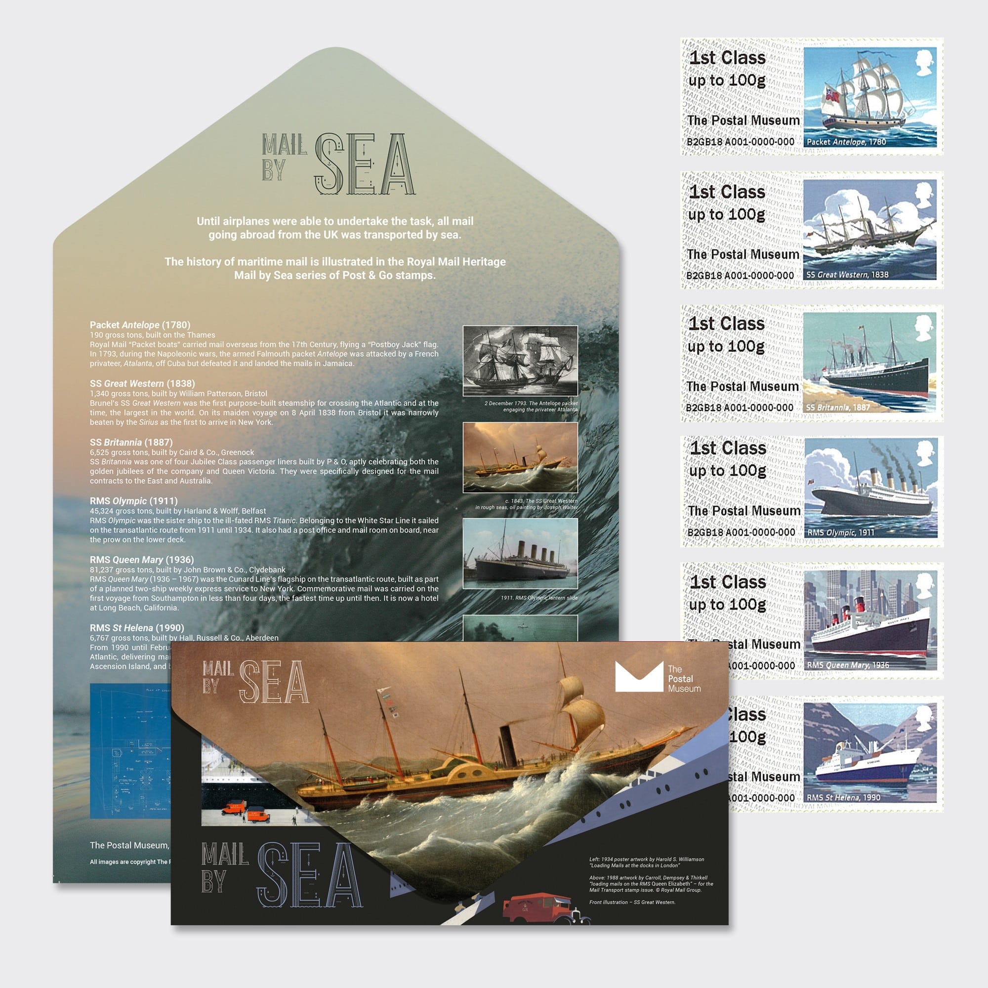 An envelope that when unfolded includes information about Mail by Sea, as well as a set of stamps.