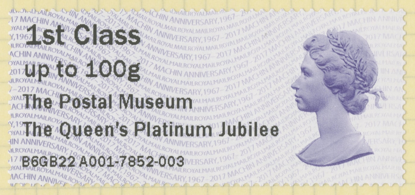 A 1st class stamp with text to the left and a violet Queen Elizabeth II profile to the right. The text reads: 1st Class, up to 100g, The Postal Musuem, The Queen's Platinum Jubilee. At the bottom, a reference number.