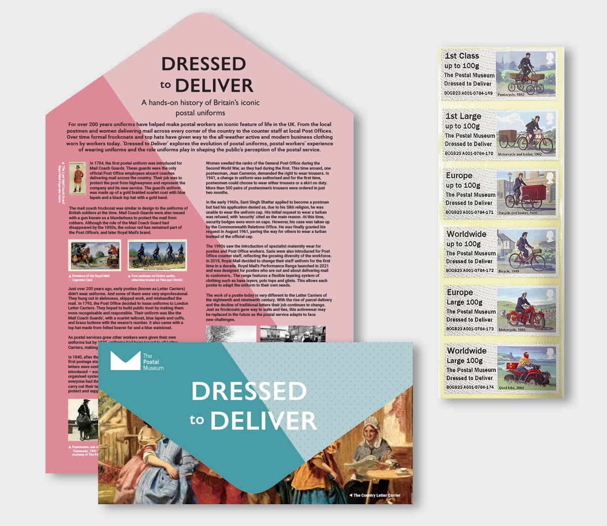 An envelope that when unfolded includes information about the Dressed to Deliver exhibition
