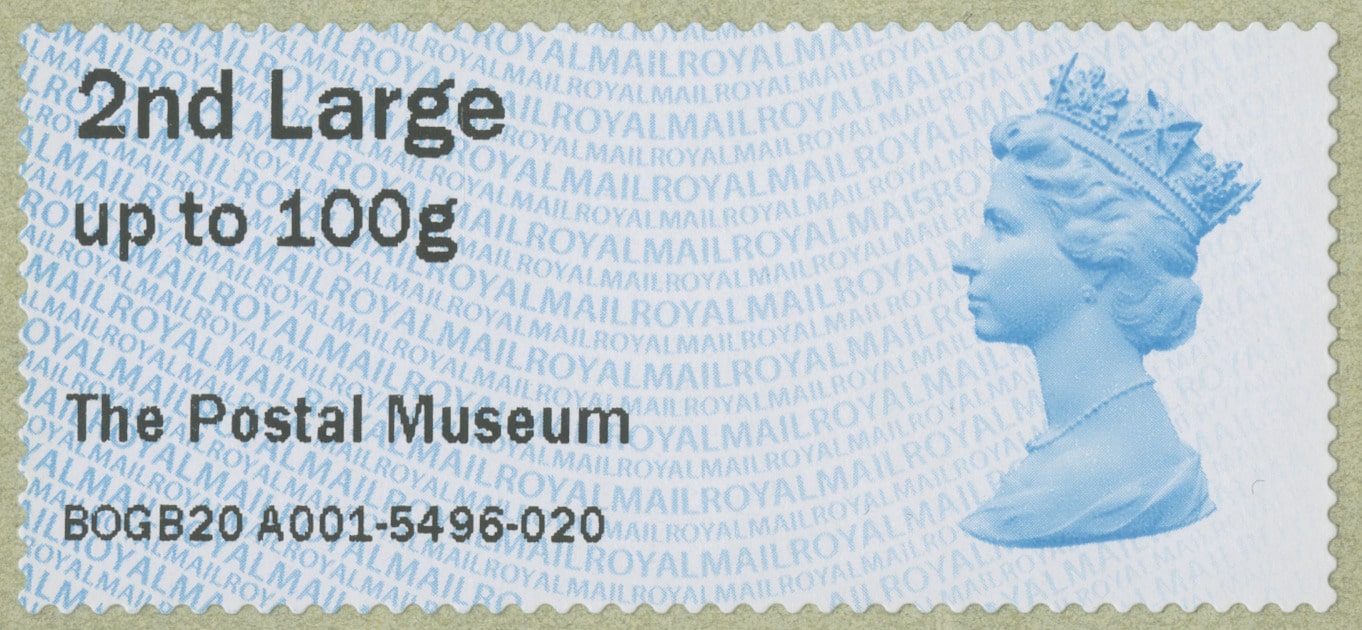 The same stamp, now with printed text on the left hand side