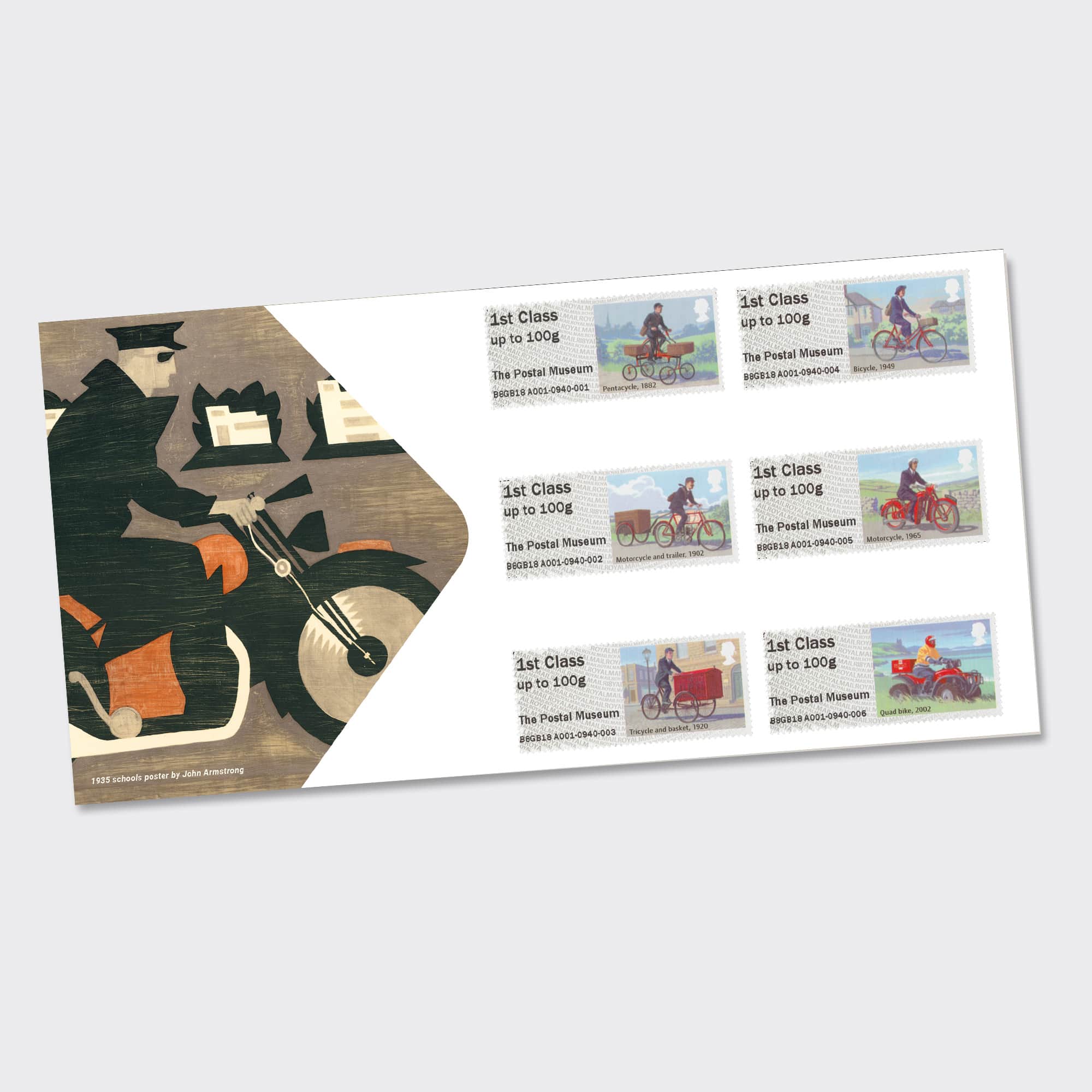 First class tamps showcasing different bikes used for mail delivery