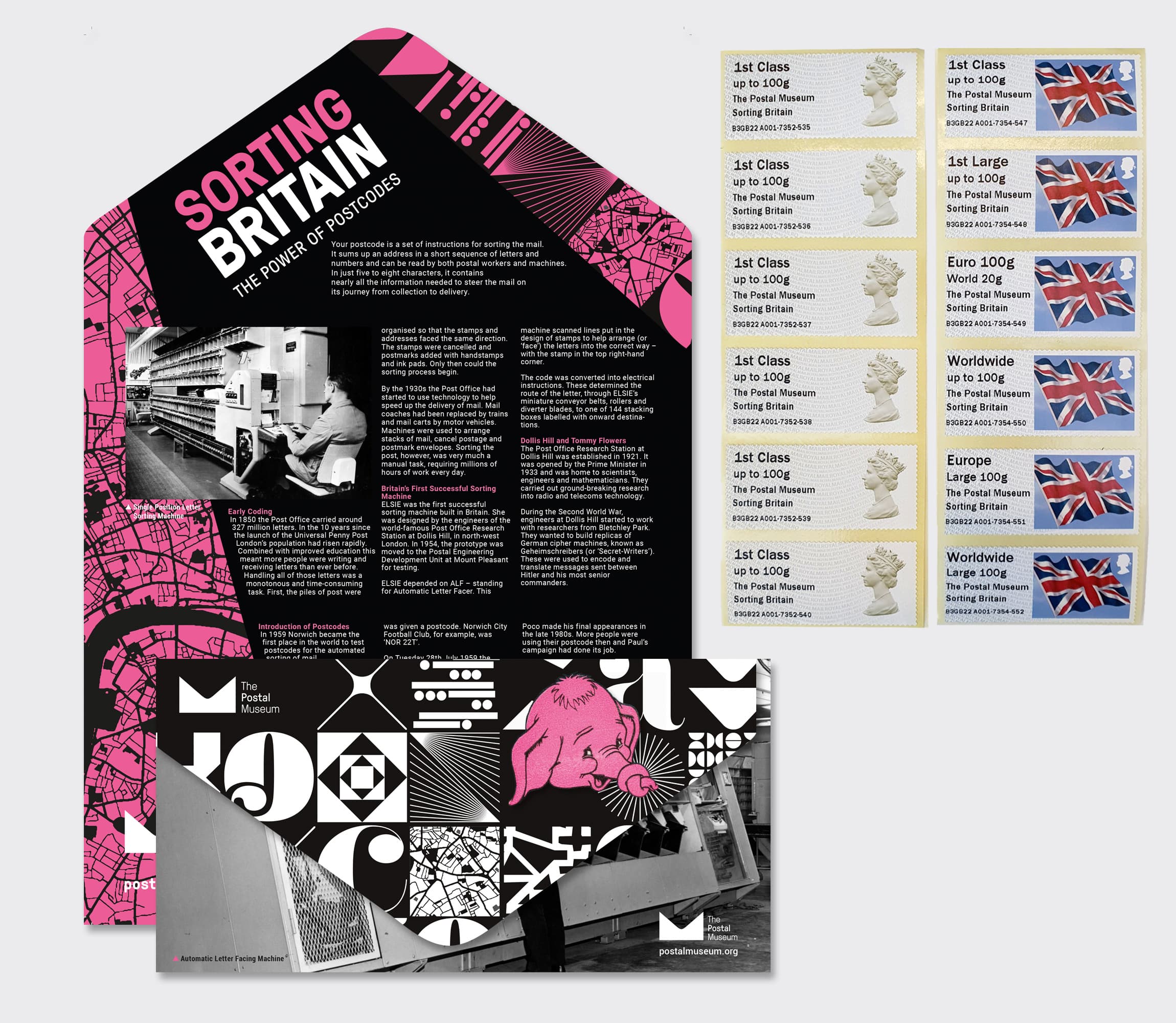 An envelope that when unfolded includes information about the Sorting Britain exhibition, as well as 12 stamps
