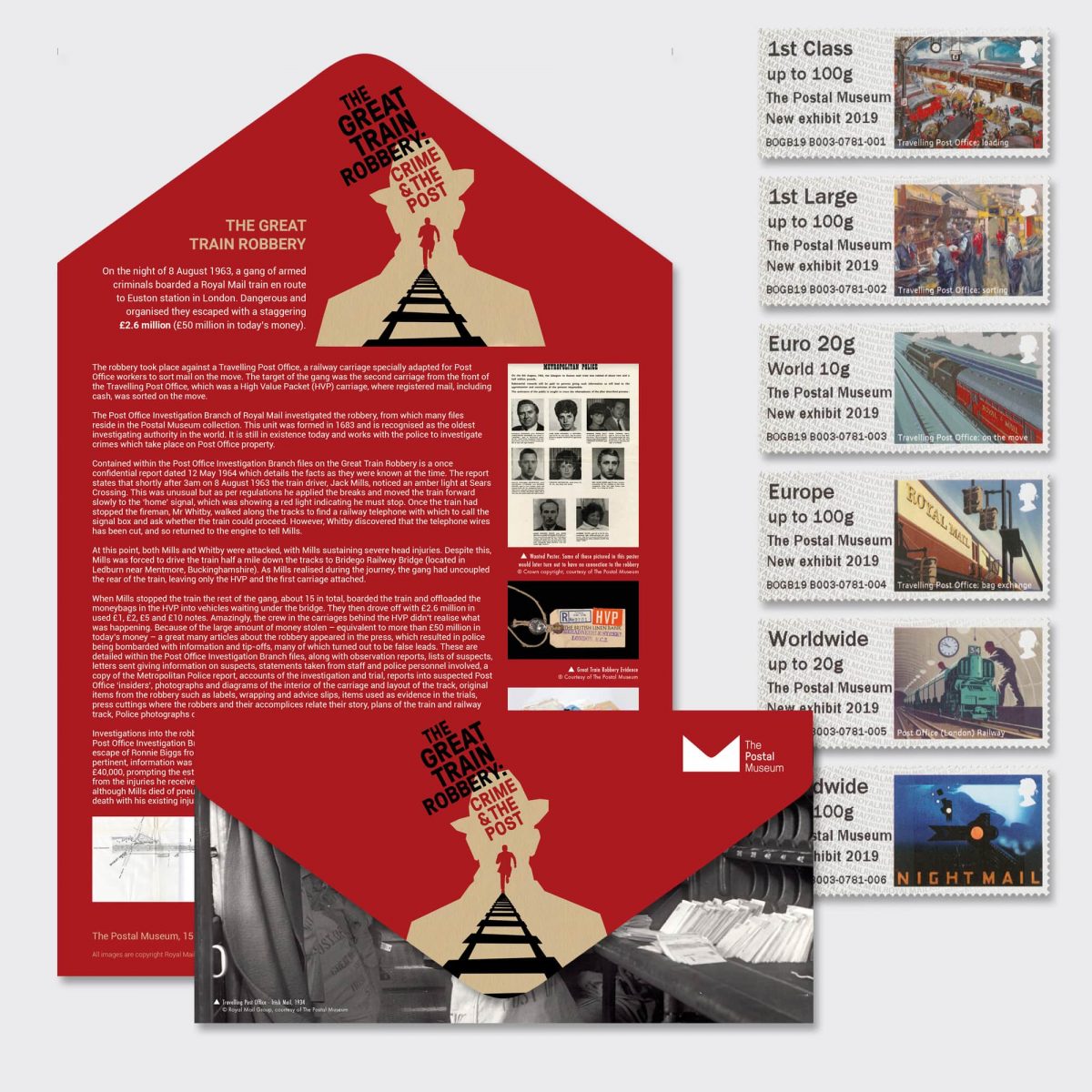 An envelope that when unfolded includes information about The Great Train Robbery exhibition, as well as 6 stamps