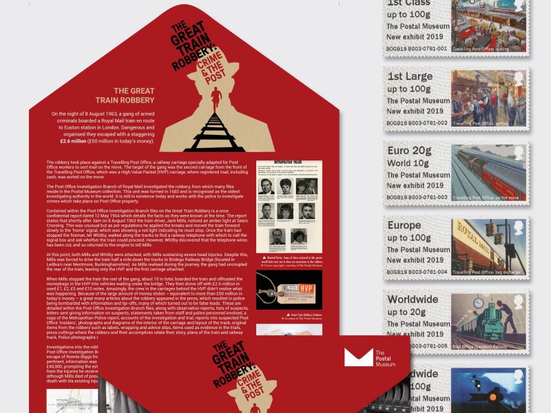 Presentation pack for The Great Train Robbery exhibition, with 6 unique stamps