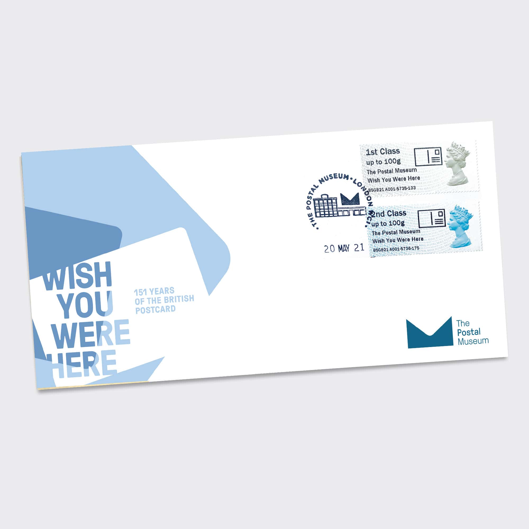 Two first day cover stamps created for the Wish You Were Here exhibition