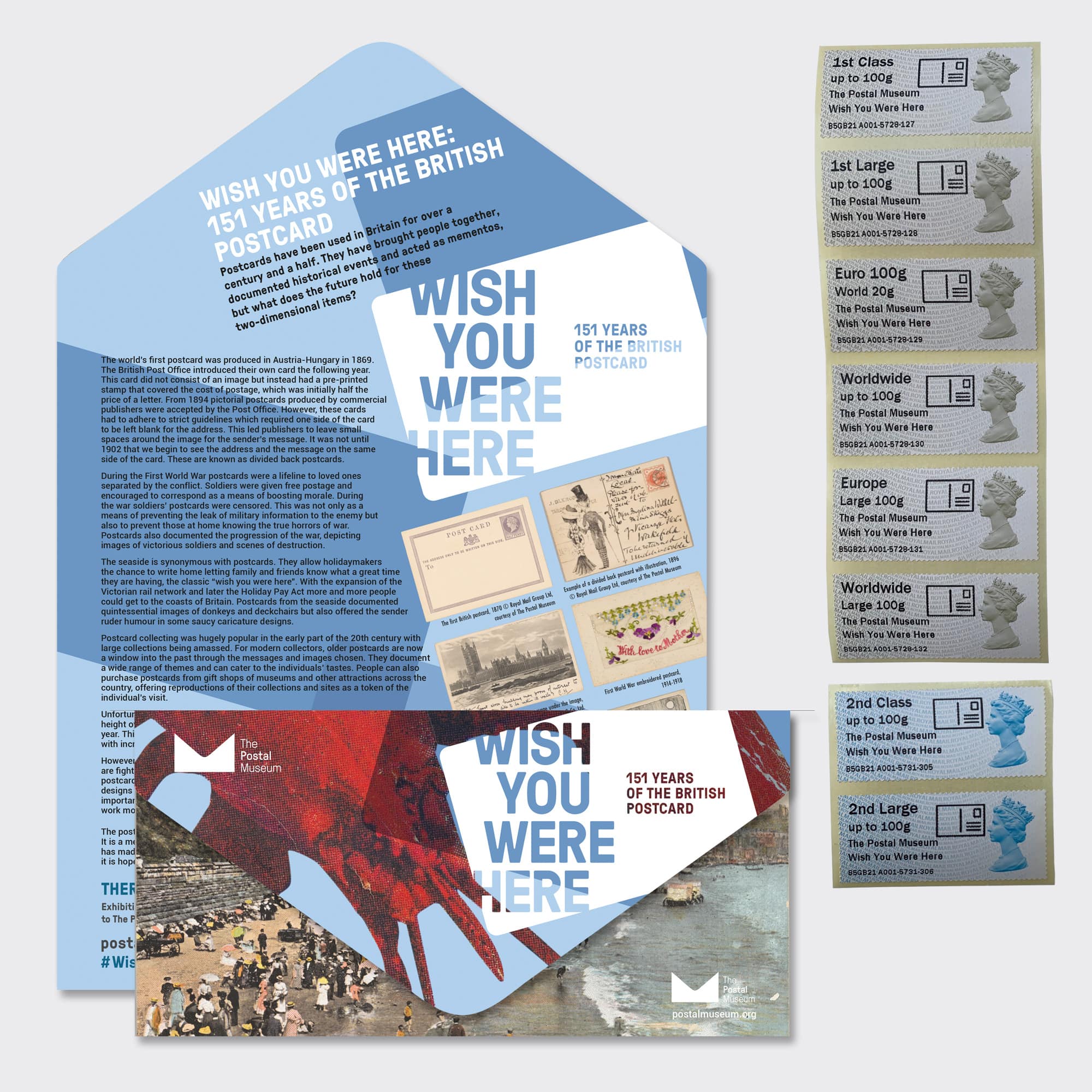 An envelope that when unfolded includes information about the Wish You Were Here exhibition, as well as 6 stamps