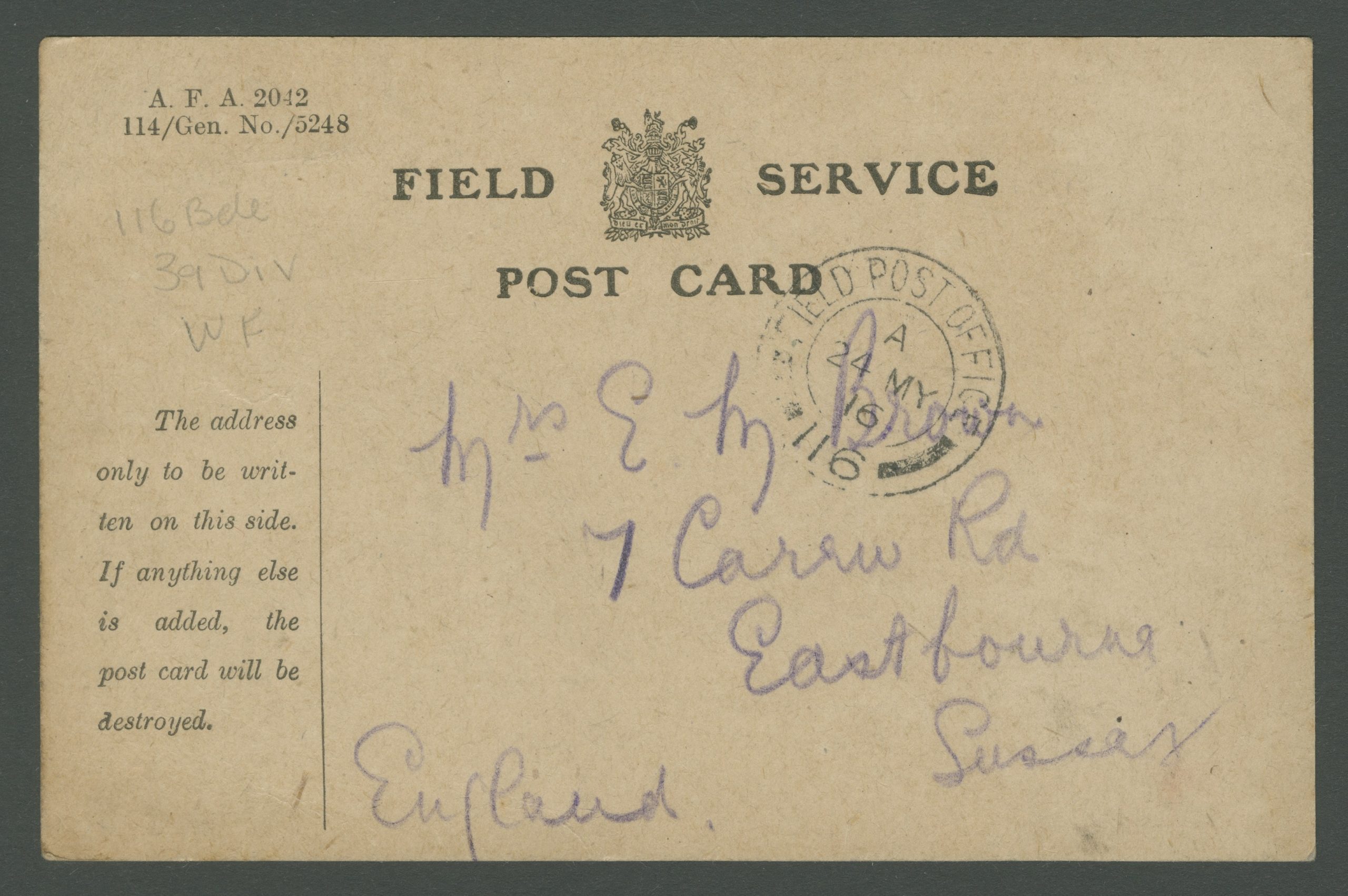 Postcard shows the handwritten home address of Elizabeth Brown.