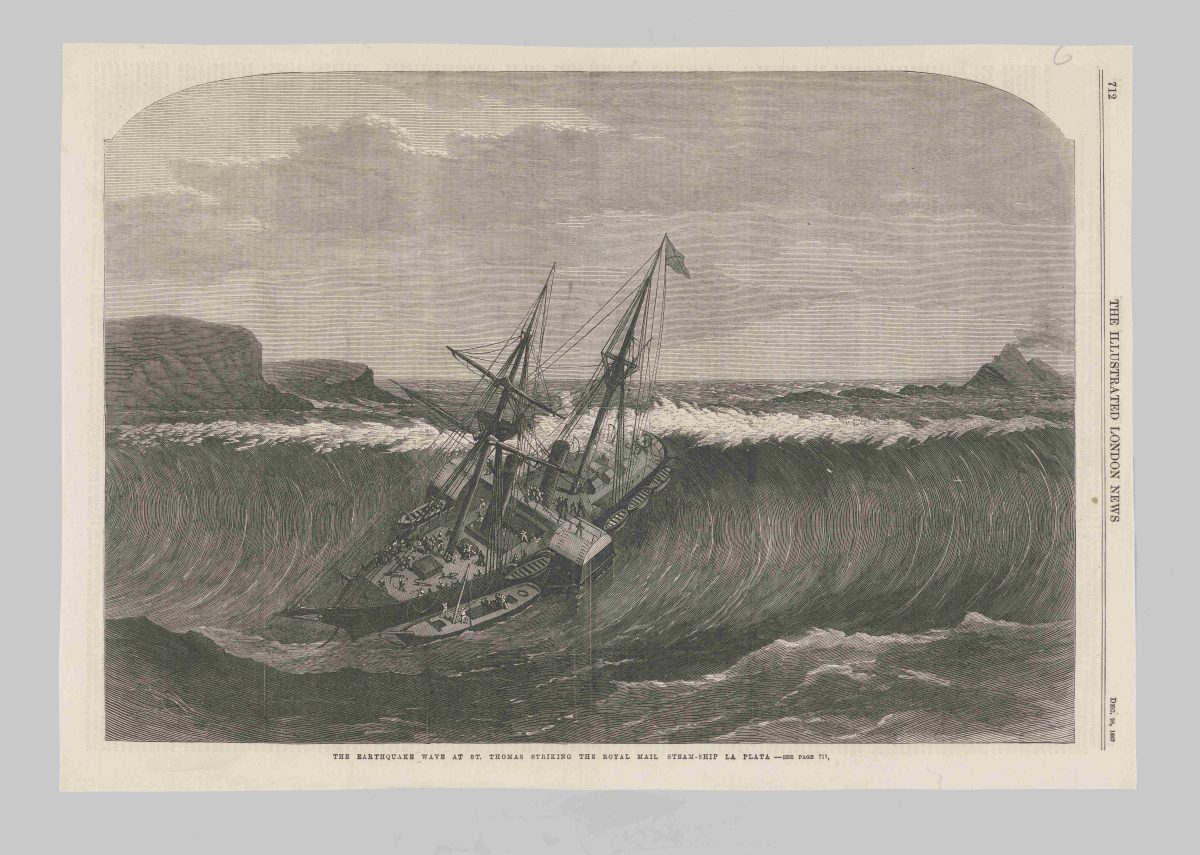 black and white etching showing a large wave almost toppling over the great wooden ship