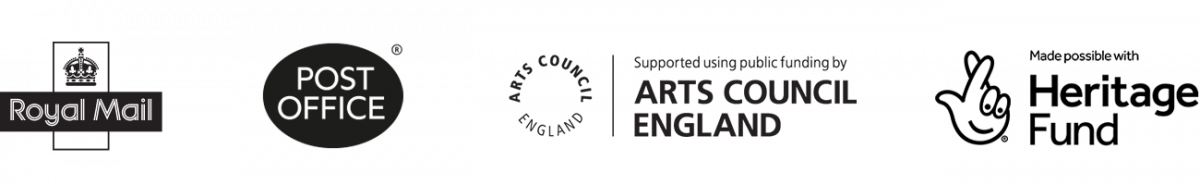Royal mail, Post Office, Arts Council England and Heritage Fund logos.