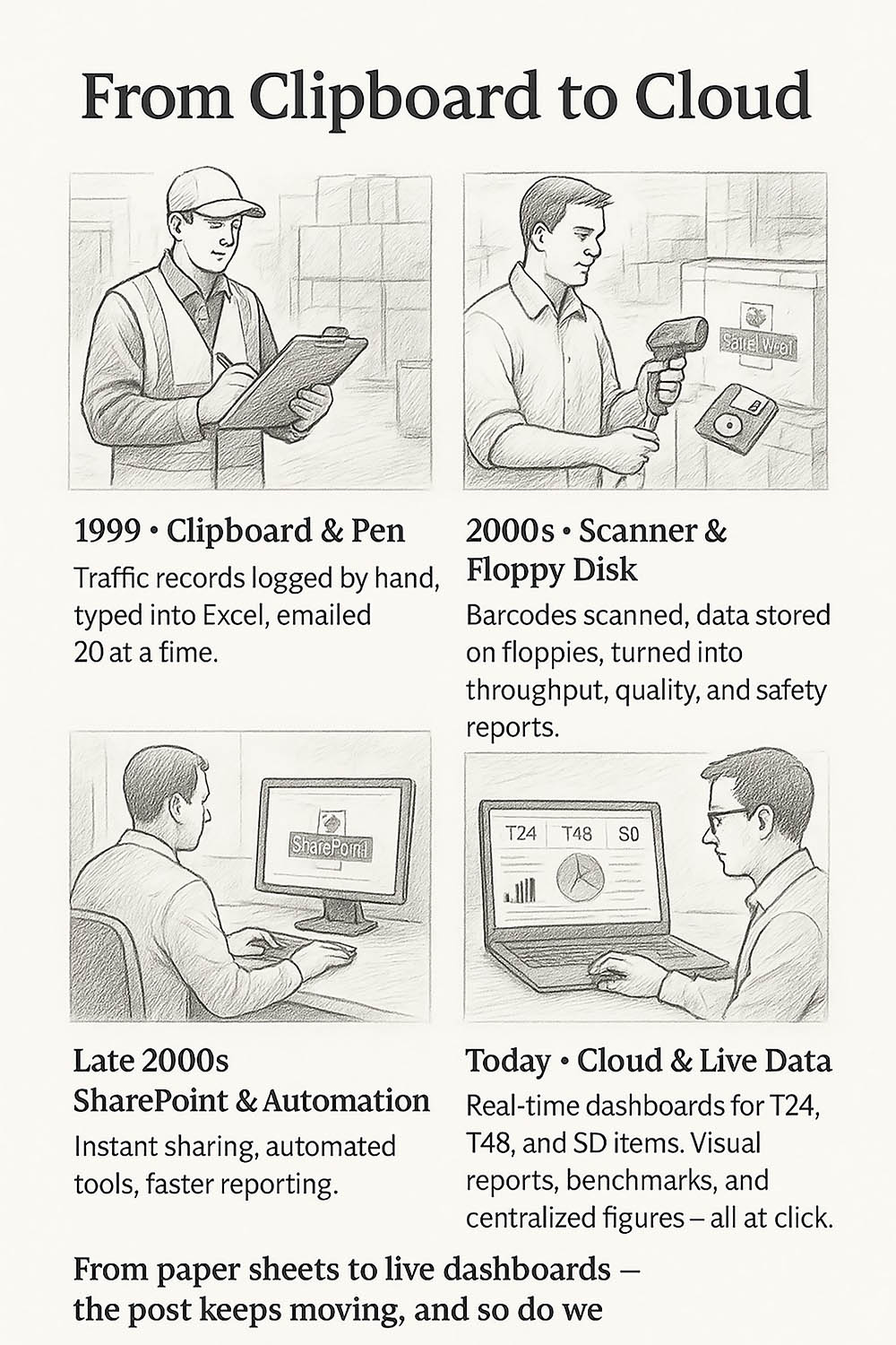 A poster showing the development of technology used for the Mail. The poster has the text: 'From clipboard to cloud. 1999 Clipboard & Pen. 2000s Scanner and Floppy disk. Late 2000s Sharepoint and Automation. Today Cloud and Live data. From paper sheets to live dashboards, the post keeps moving and so do we.'
