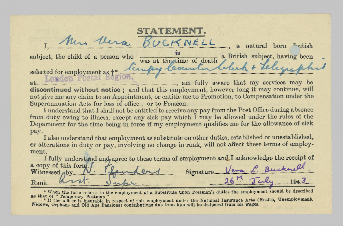 A printed statement signed in 1943 by temporary worker Vera Bucknell accepting dismissal without notice and relinquishing full-time employment benefits such as pension, sick pay and compensation for loss of employment.