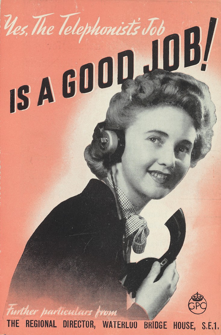 A leaflet cover showing a woman with a telephone, with the text: "Yes, the telephonist's job is a good job!"
