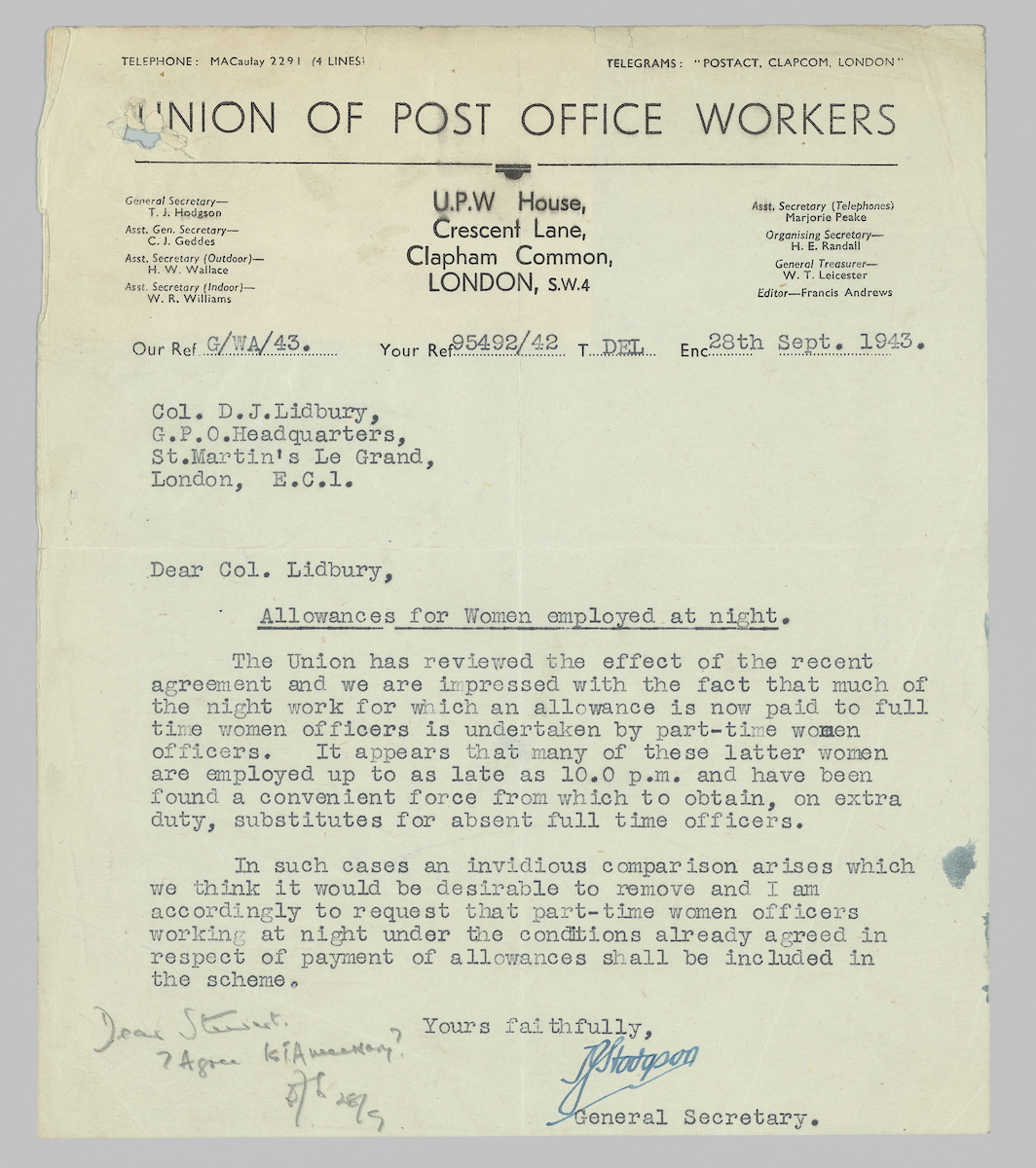 Letter from the Union of Post Office Workers (UPW) from 1943 requesting a pay increase for women working on a part-time basis at night.